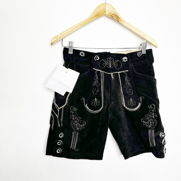 GAUDI LEATHERS Lederhose Short Black german suede leather embroidered 34 NWT - Picture 2 of 6